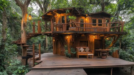 Poster - A wooden treehouse with a deck and stairs leading up to it, nestled in a lush forest setting.