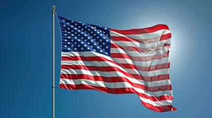 American Flag Blowing in the Wind Against a Clear Blue Sky