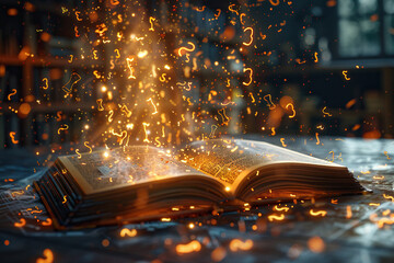 Magic book with open pages and abstract signs and glowing bokeh lights on wooden tabletop. Education and literature concept. Generated by artificial intelligence