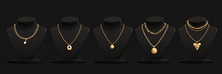 A collection of fashionable, simple necklaces, chains, and beads featuring gold pendants. Exhibited on black mannequin busts are jewelry pieces. Cartoon objects in vector format design.