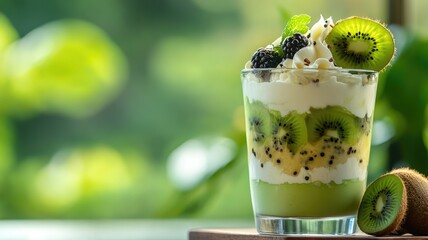 Wall Mural - Kiwi dessert in a glass with layers of cream, garnished with fresh fruit and mint, against a fresh green background.