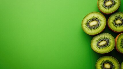 Wall Mural -  Fresh kiwi slices arranged on a vibrant green background, emphasizing their natural color and texture.