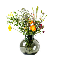 Wall Mural - minimalistic bouquet of summer flowers in a dark vase isolated on transparent background, top view