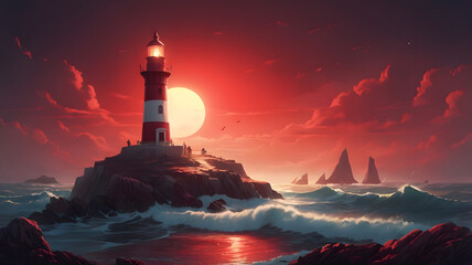 Wall Mural - lighthouse at night country, ai generated