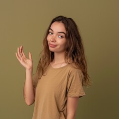 Wall Mural - A beautiful young woman gesturing to the left, isolated on an olive green background. 