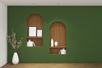 Wall Mural - 3d render of minimal  wall mockup with sunken display artwork. Wood parquet floor, green wall and white ceiling. Set 20