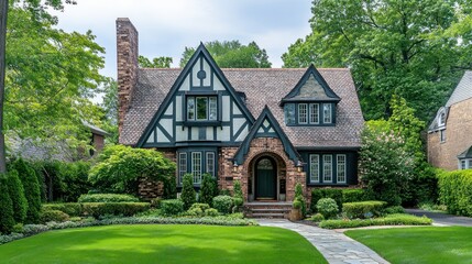 Poster - A brick house with a green door and a stone walkway in front of the house.