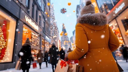 Canvas Print - A woman in a yellow coat walking down the street with shopping bags, AI