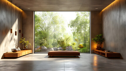 Wall Mural - Modern interior with large window showcasing a lush outdoor view.