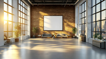 Wall Mural - Modern interior with large windows and a blank canvas.