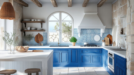 Greek kitchen with white and blue color scheme and stone countertops