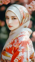 Poster - A woman wearing a headscarf standing in front of a flowering tree