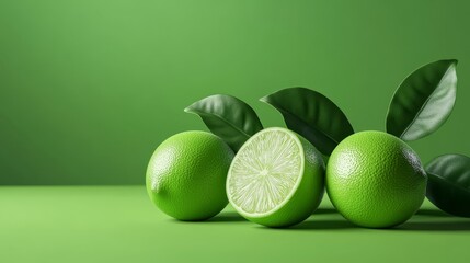 Fresh limes with leaves on green background