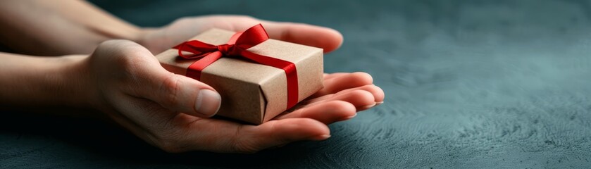 Hands Holding Small Gift Box with Red Ribbon