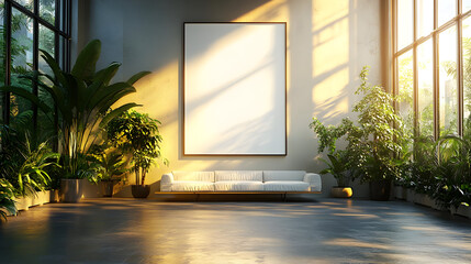 Poster - Modern interior with plants and a blank canvas for art display.