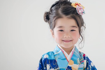 Wall Mural - A cute Japanese girl wearing a high-contrast colorful kimono and a random hairstyle poses against a white background.