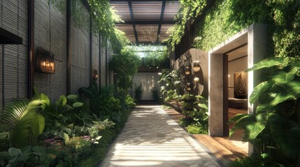 Wall Mural - A lush, green pathway with a wooden pergola overhead, leading to a doorway in a modern, minimalist building.