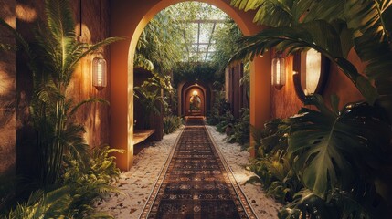 Canvas Print - Lush tropical walkway with patterned floor, arched entrances, and overhead greenery.