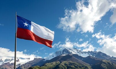 Waving Chile flag on background with sky and mountain. National holidays celebration background