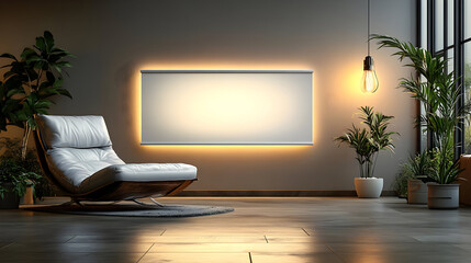 Wall Mural - Modern living room with a stylish chair and ambient lighting.