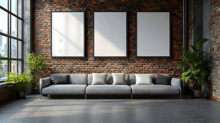 Poster - Modern living room with brick wall and empty frames.