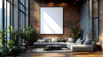 Wall Mural - Modern living room with brick walls and a large blank canvas.