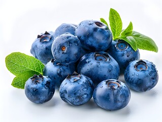 Wall Mural - Fresh blueberries with droplets and mint leaves arranged on a white surface