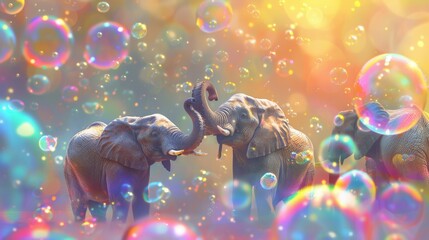 Aufkleber - Elephants engage with each other amidst colorful, floating bubbles in a whimsical, fantasy setting. Generative AI