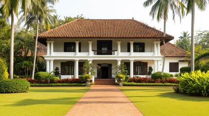 Poster - A colonial style house with a tiled roof and white columns, surrounded by palm trees and lush green foliage. The house has a balcony on the second story and a walkway leading up to the entrance.