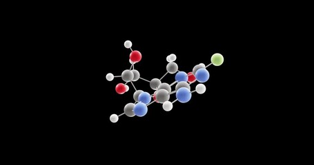 Wall Mural - Fludarabine molecule, rotating 3D model of antineoplastic agent, looped video on a black background