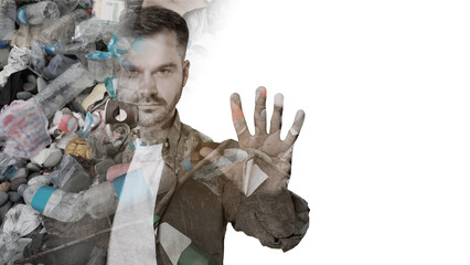 Man showing stop gesture on white background, double exposure with pile of different garbage. Environmental pollution, banner design with space for text