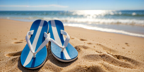 Wall Mural - flip flops on sand beach against blue sea and sky