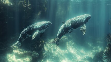 Two Dolphins Swimming in Underwater Sunbeams