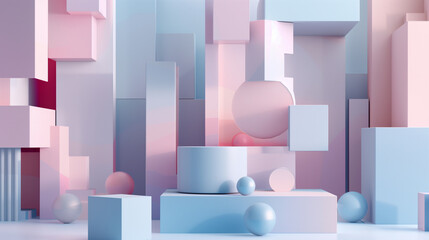 Pastel-colored abstract cityscape with cubic shapes in minimalist design