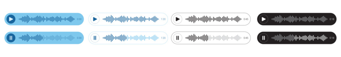 Voice message bubbles Set of Voice message icons. Sound wave icons. Audio chat or messenger interface, vector UI UX. Mobile messenger app, online radio, chat audio record play records for mobile phone