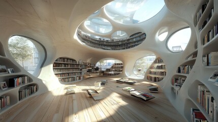 Wall Mural - A modern, futuristic library with organic, undulating white walls and shelves filled with books, sunlight streaming through the large circular windows.