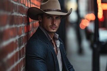 Wall Mural - A man in a cowboy hat and a suit is leaning against a brick wall