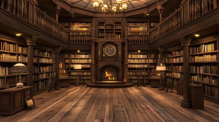  A grand library with a fireplace and a balcony, filled with bookshelves and lit by warm lights.