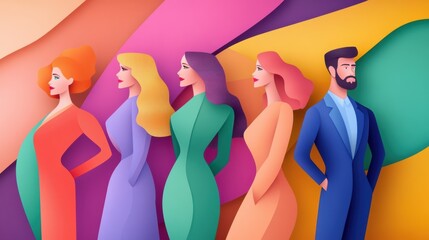 Poster - A group of people standing in a line with different colored backgrounds, AI