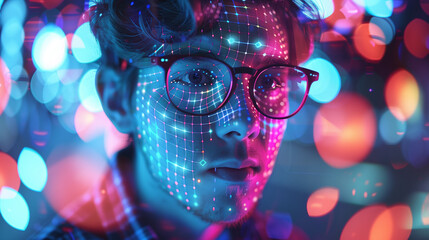 Close-up of a man in glasses analyzing digital data with futuristic overlay