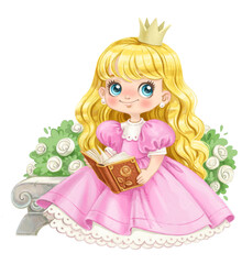 Poster - Cute cartoon blond Princess in lush dress sit on branch and read a book watercolor paint