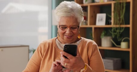 Canvas Print - Senior, happy woman and typing with phone for online bingo, research or browsing at home. Elderly female person or smile on mobile smartphone for social media, word search or game at retirement house