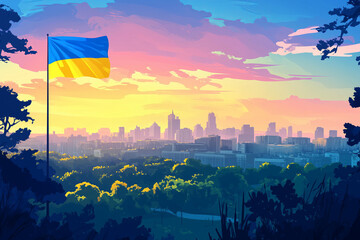 modern abstract illustration of the Ukrainian flag flying at full height in front of a Kyiv cityscape and park below. showing the Ukrainian national symbol in an epic landscape. blue and yellow colors