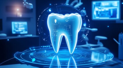 Illustration of modern technology of healthcare dentist, holographic tooth illustration