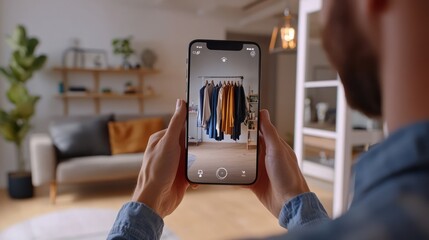 Man Using a Phone to Take a Photo of Clothes on a Rack