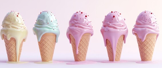 An isolated collection of vanilla strawberry ice cream cones