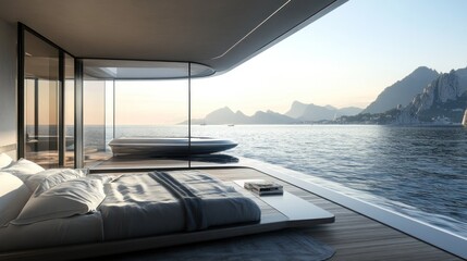 Wall Mural - Modern bedroom with a large window overlooking the sea and mountains.