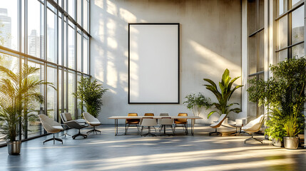 Wall Mural - Modern office space with large windows and minimalist decor.