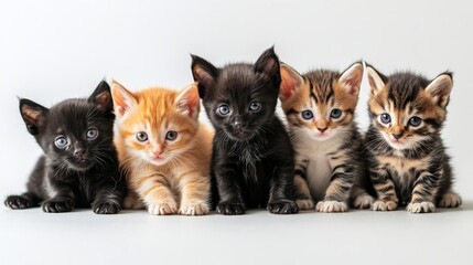 Poster - Several puppies and kittens sitting together, showing the concept of animal friendship, isolated on a white background