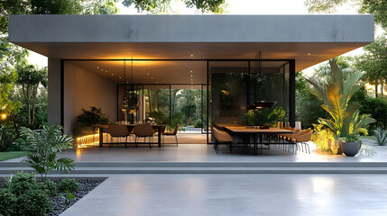 Canvas Print - Modern outdoor living space with glass walls and lush greenery.